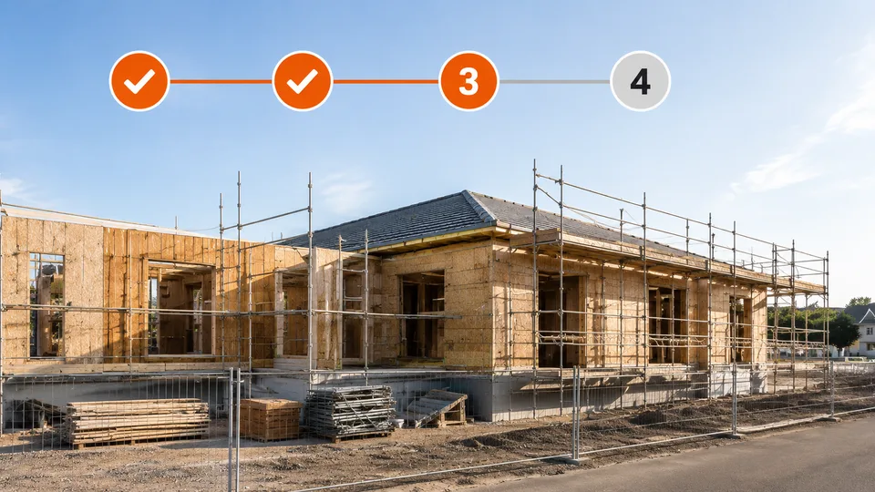 Maison en construction surmontée d’une frise d’étapes validées