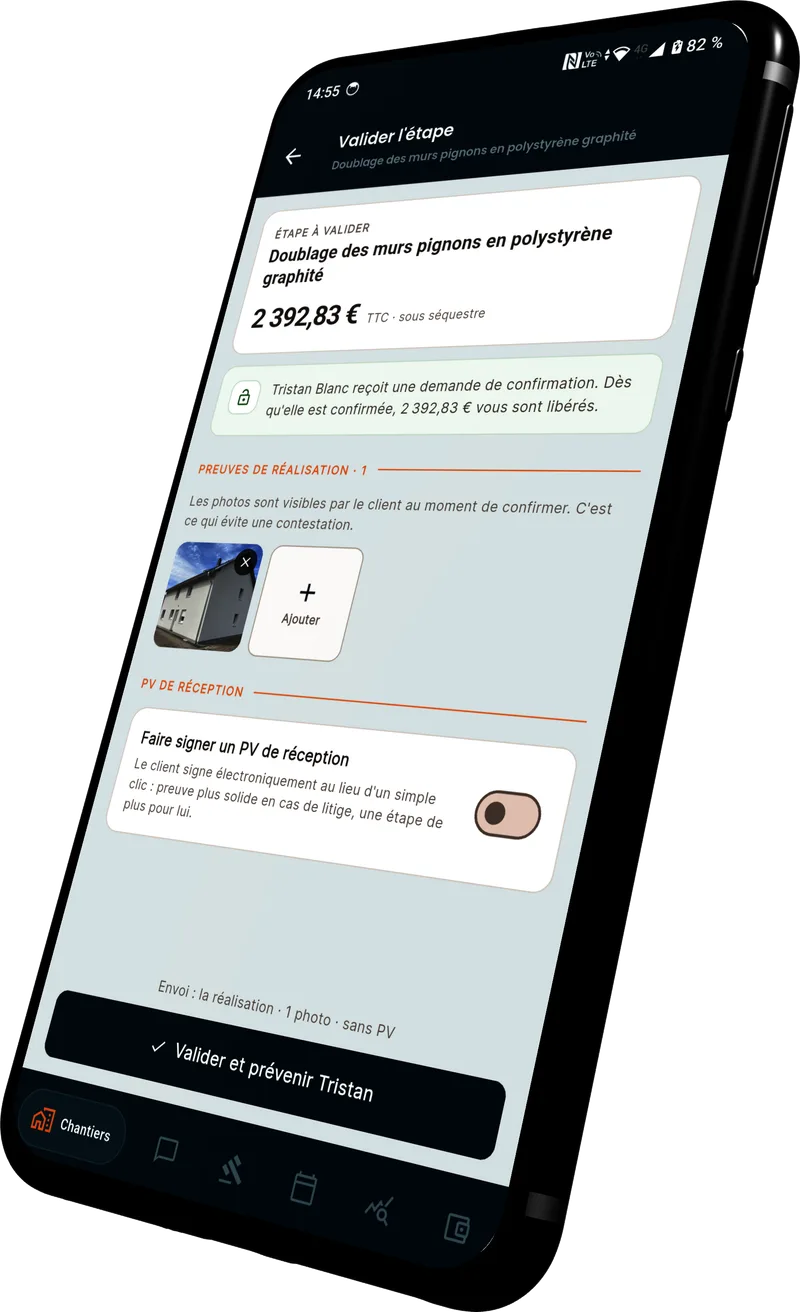 Application itravo Pro montrant la déclaration d'une étape terminée avec photos de réalisation